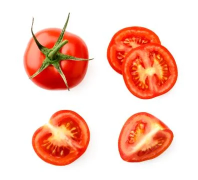 Set of red tomato, half and pieces on a white. The view of the top. Stock Photos
