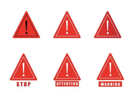 Set of red triangular warning symbols with exclamation mark. Stock Illustration