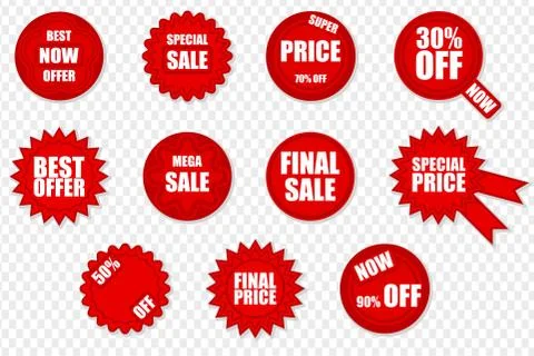 Set of red vector isolated stickers with sale clearance slogans. sales promot Stock Illustration