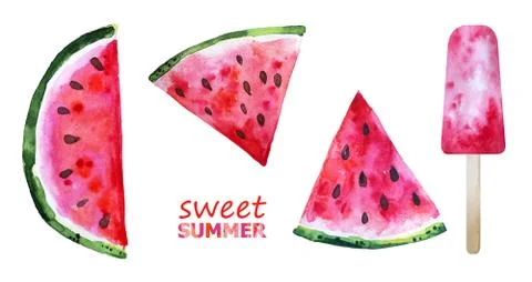 Set of red watermelon slice and pink popsicle. Red fruit set. Fresh Summer Stock Illustration