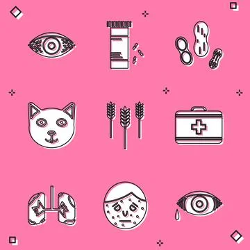Set Reddish eye allergic conjunctivitis, Medicine bottle and pills, Peanut, Pet イラスト素材