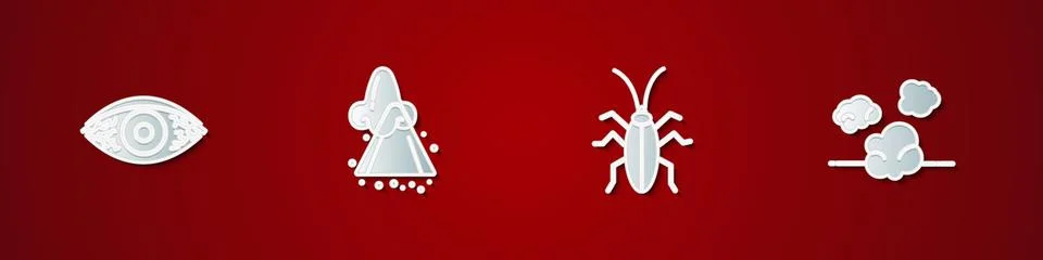 Set Reddish eye allergic conjunctivitis, Runny nose, Cockroach and Dust icon Illustrazione stock