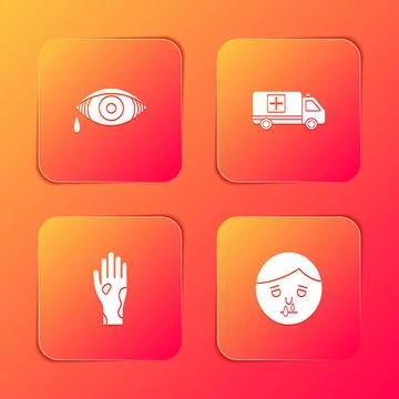 Set Reddish eye allergic conjunctivitis, Emergency car, Hand with psoriasis o Stock Illustration