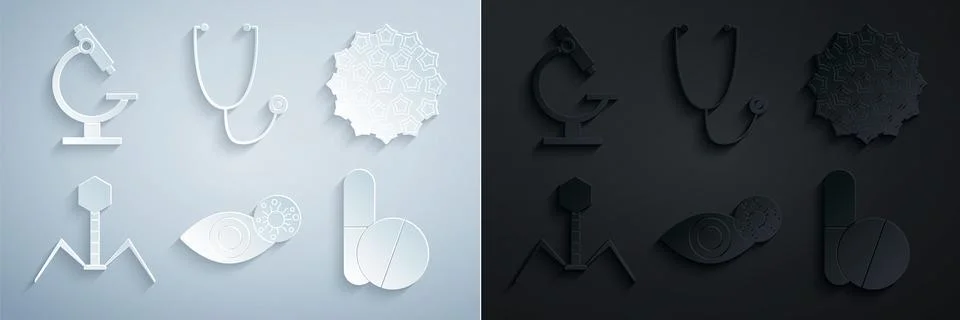 Set Reddish eye due to virus, Virus, Bacteria bacteriophage, Medicine pill or Stock Illustration