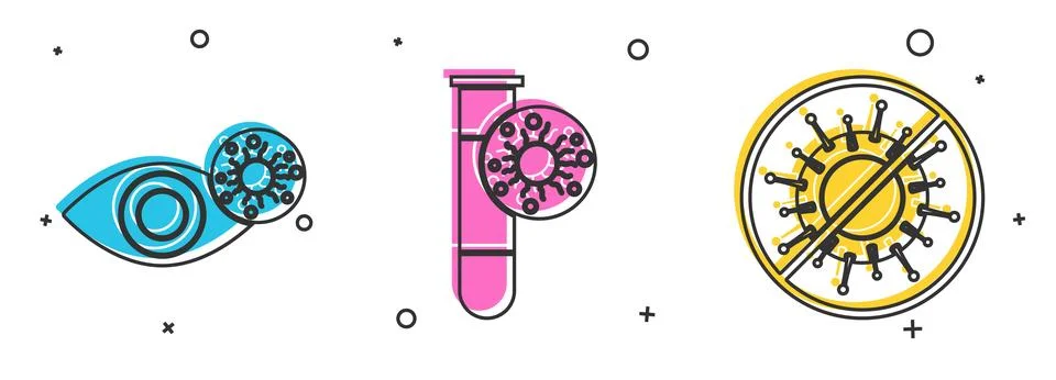 Set Reddish eye due to virus, Test tube with virus and Stop virus icon. Vecto Stock Illustration