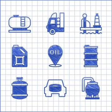 Set Refill petrol fuel location, Spare wheel in the car, Oil tank storage Stock Illustration