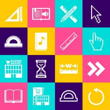 Set Refresh, Arrow, Pixel hand cursor, Crossed ruler pencil, Audio book Ilustración de archivo