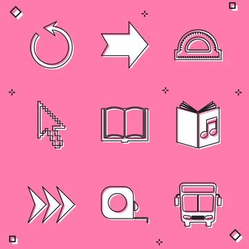Set Refresh, Arrow, Protractor grid, Pixel arrow cursor, Open book, Audio, and Illustrazione stock