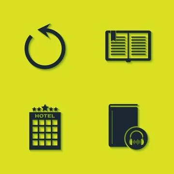 Set Refresh, Audio book, Hotel building and Open icon. Vector Ilustración de archivo