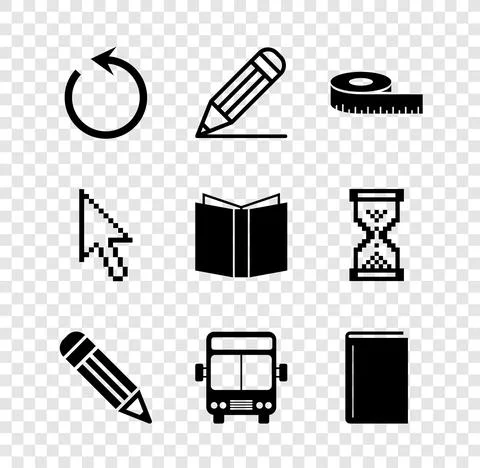 Set Refresh, Pencil and line, Tape measure, Bus, Book, Pixel arrow cursor and Illustrazione stock