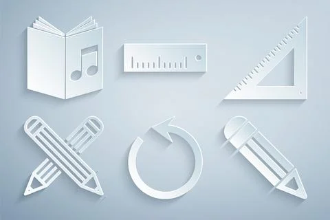 Set Refresh, Triangular ruler, Crossed pencil, Pencil, Ruler and Audio book icon Illustrazione stock