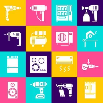 Set Refrigerator, Angle grinder, Table saw for woodwork, Vending machine, Air Stock Illustration