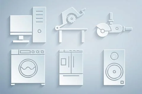 Set Refrigerator, Angle grinder, Washer, Stereo speaker, Table saw for woodwork Stock Illustration