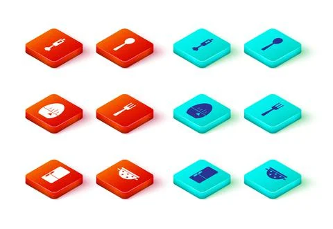 Set Refrigerator, Kitchen colander, timer, Fork, Spoon and Blender icon. Vector Stock Illustration