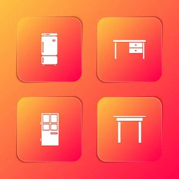 Set Refrigerator, Office desk, Closed door and Wooden table icon. Vector Illustrazione stock