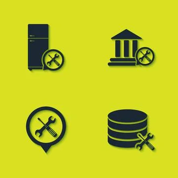 Set Refrigerator service, Database server, Location and Bank building icon イラスト素材
