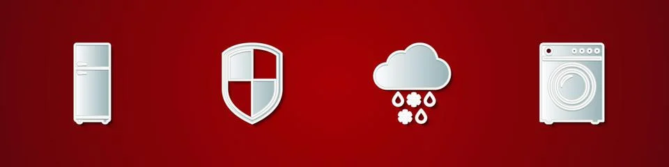 Set Refrigerator, Shield, Cloud with snow and rain and Washer icon. Vector イラスト素材