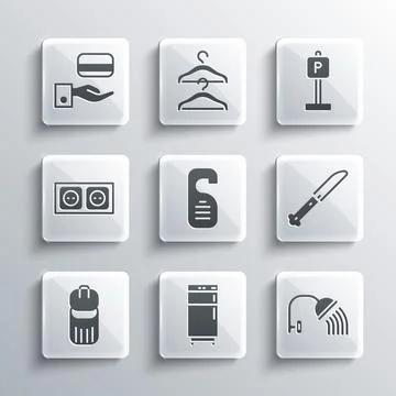 Set Refrigerator, Shower head, Knife, Please do not disturb, Trash can Ilustración de archivo