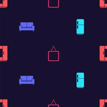Set Refrigerator, Sofa, Mirror and Wardrobe on seamless pattern. Vector Ilustração Stock