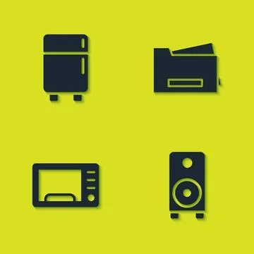 Set Refrigerator, Stereo speaker, Microwave oven and Printer icon. Vector Ilustração Stock