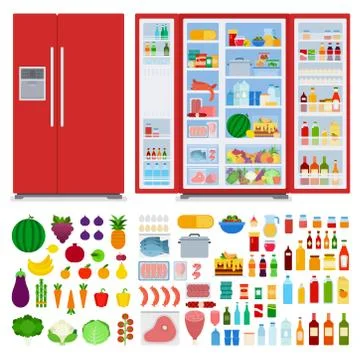 Set of refrigerators and different products vector illustration in a flat design Stock Illustration
