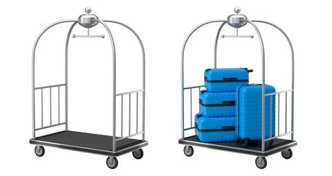 Set of Regular polycarbonate suitcase on hotel trolley cart for carrying bagg Stock Illustration