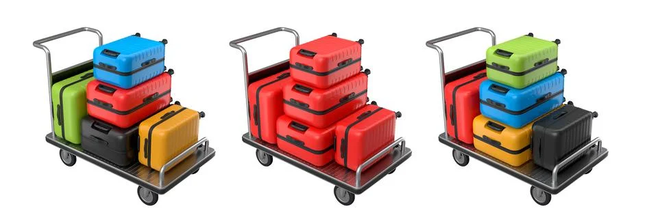 Set of Regular polycarbonate suitcase on hotel trolley cart for carrying bagg 스톡 일러스트
