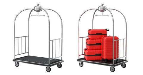 Set of Regular suitcase on hotel trolley cart for carrying baggage on white Illustrazione stock