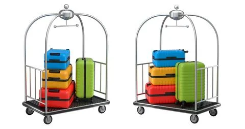 Set of Regular suitcase on hotel trolley cart for carrying baggage on white.. Illustrazione stock