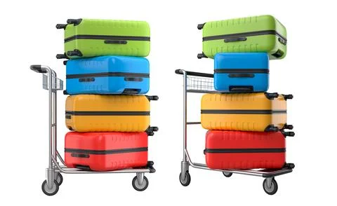 Set of Regular suitcase on hotel trolley cart for carrying baggage on white 스톡 일러스트