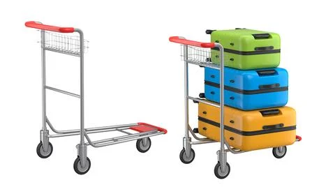 Set of Regular suitcase on hotel trolley cart for carrying baggage on white.. 스톡 일러스트
