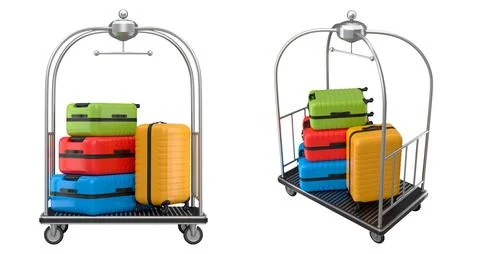 Set of Regular suitcase on hotel trolley cart for carrying baggage on white.. イラスト素材
