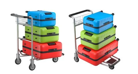 Set of Regular suitcase on hotel trolley cart for carrying baggage on white.. 스톡 일러스트