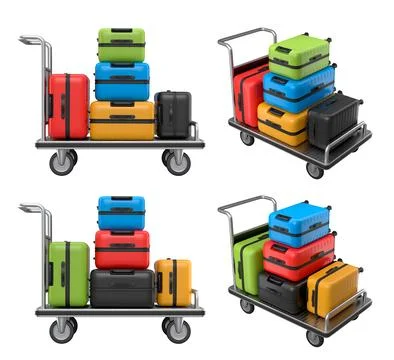 Set of Regular suitcase on hotel trolley cart for carrying baggage on white.. イラスト素材