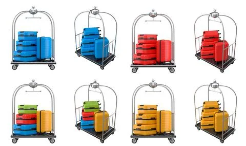 Set of Regular suitcase on hotel trolley cart for carrying baggage on white.. イラスト素材