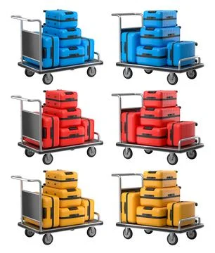 Set of Regular suitcase on hotel trolley cart for carrying baggage on white.. Stock Illustration
