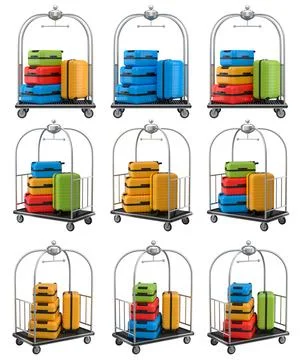 Set of Regular suitcase on hotel trolley cart for carrying baggage on white.. Stock Illustration