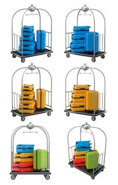 Set of Regular suitcase on hotel trolley cart for carrying baggage on white.. Stock Illustration
