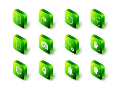 Set Rejection voice recognition, Shield face, Face, Palm print, Motion sensor Stock Illustration