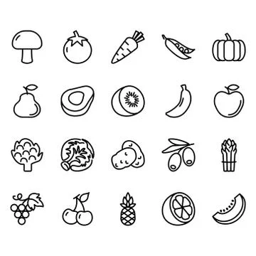 Set of Related Fruit and vegetable Vector Lines Icons. Stock Illustration
