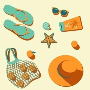 Set for relaxing on the beach. Hat, sun protection, glasses, eco bag, oranges Stock Illustration