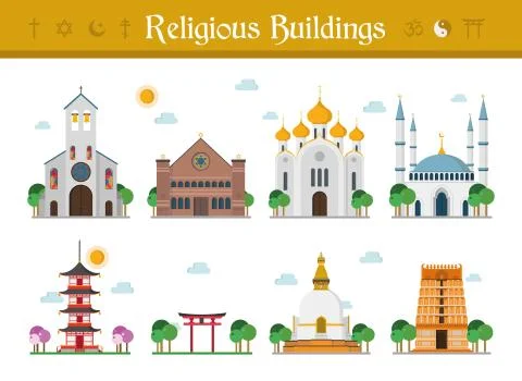 Set of Religious Buildings Vector Illustration: Catholicism, Judaism, Orthodo Stock Illustration