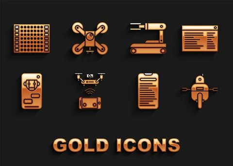 Set Remote aerial drone, Software, web developer programming code, Robot Stock Illustration