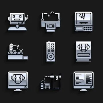 Set Remote control, 3D printer, Computer monitor screen, User manual, Bot Stock Illustration