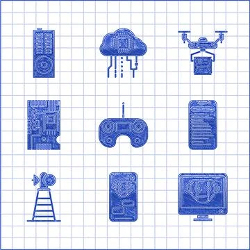 Set Remote control, Bot, Computer api interface, Antenna, Electronic computer Stockillustratie