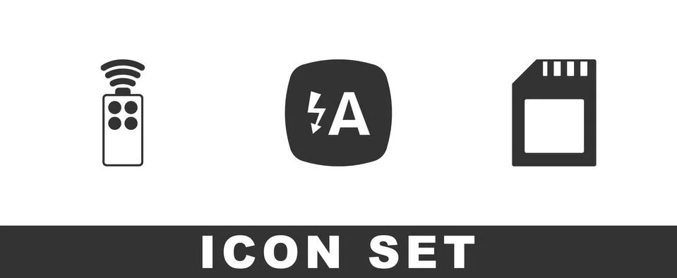 Set Remote control for camera, Auto flash and SD card icon. Vector Stock Illustration
