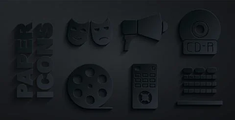 Set Remote control, CD or DVD disk, Film reel, Cinema auditorium with seats,  Illustrazione stock
