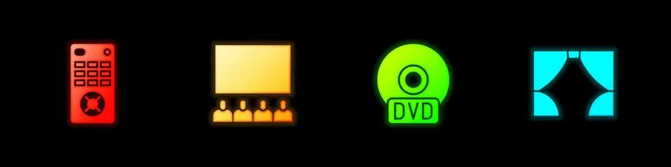 Set Remote control, Cinema auditorium with screen, CD DVD disk and Curtain icon イラスト素材