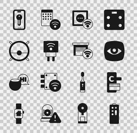 Set Remote control, Digital door lock, Security camera, Smart electrical outlet Stock Illustration