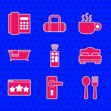 Set Remote control, Door handle, Fork spoon, Hotel room bed, Five stars rating Illustration